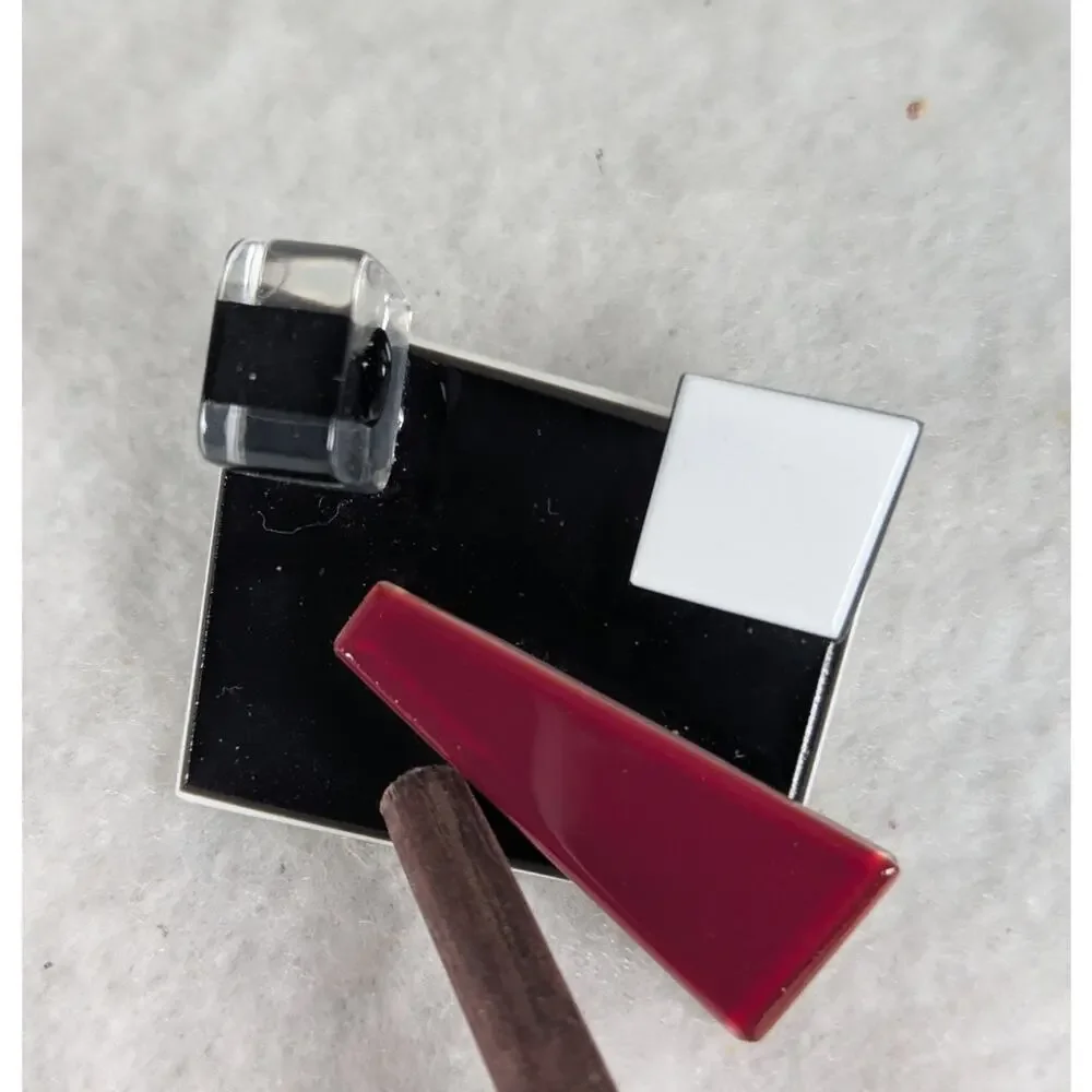 Fused glass contemporary pin Black White +Red handmade gallery Artisan 2 x 1.25